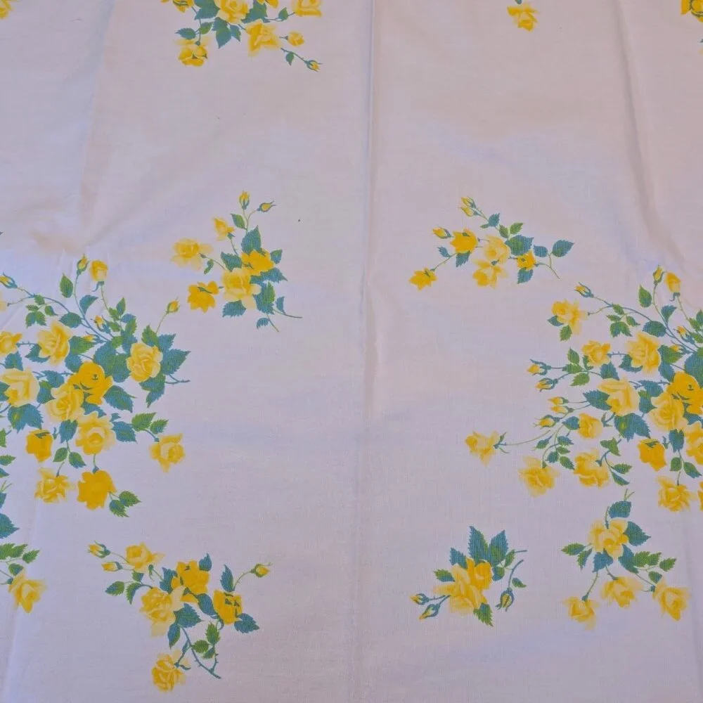Vintage Floral Tablecloth 53x65 Yellow Roses Mid-Century Country Cottage Style